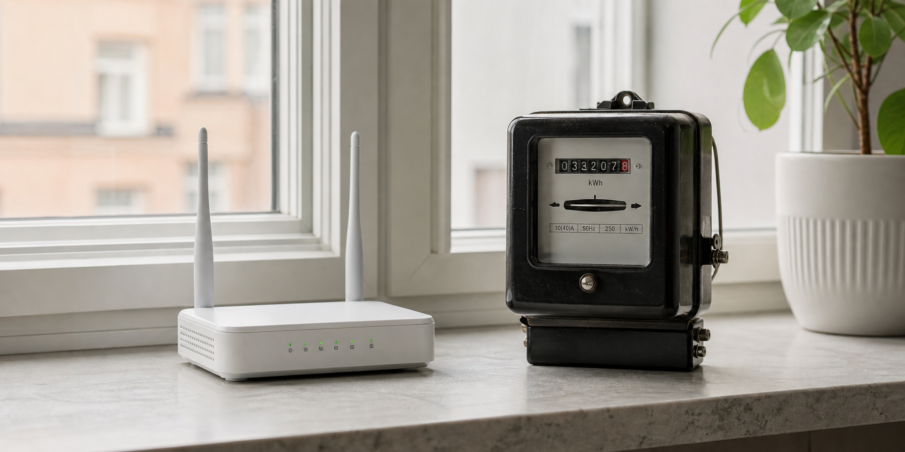 Wifi-router och klocka på fönsterbänk inför inflyttning