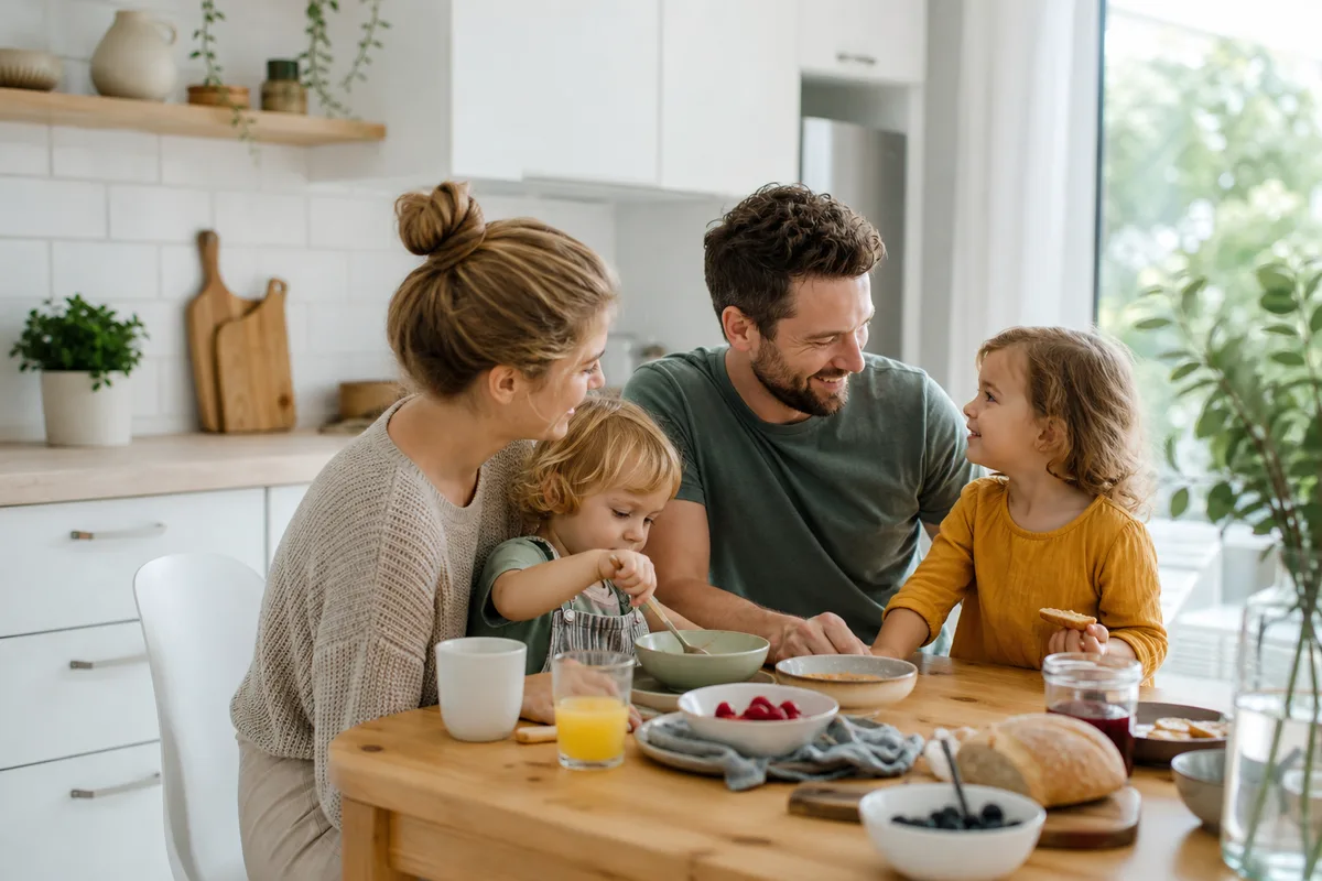 Familj med två barn vid frukostbordet i ett ljust kök