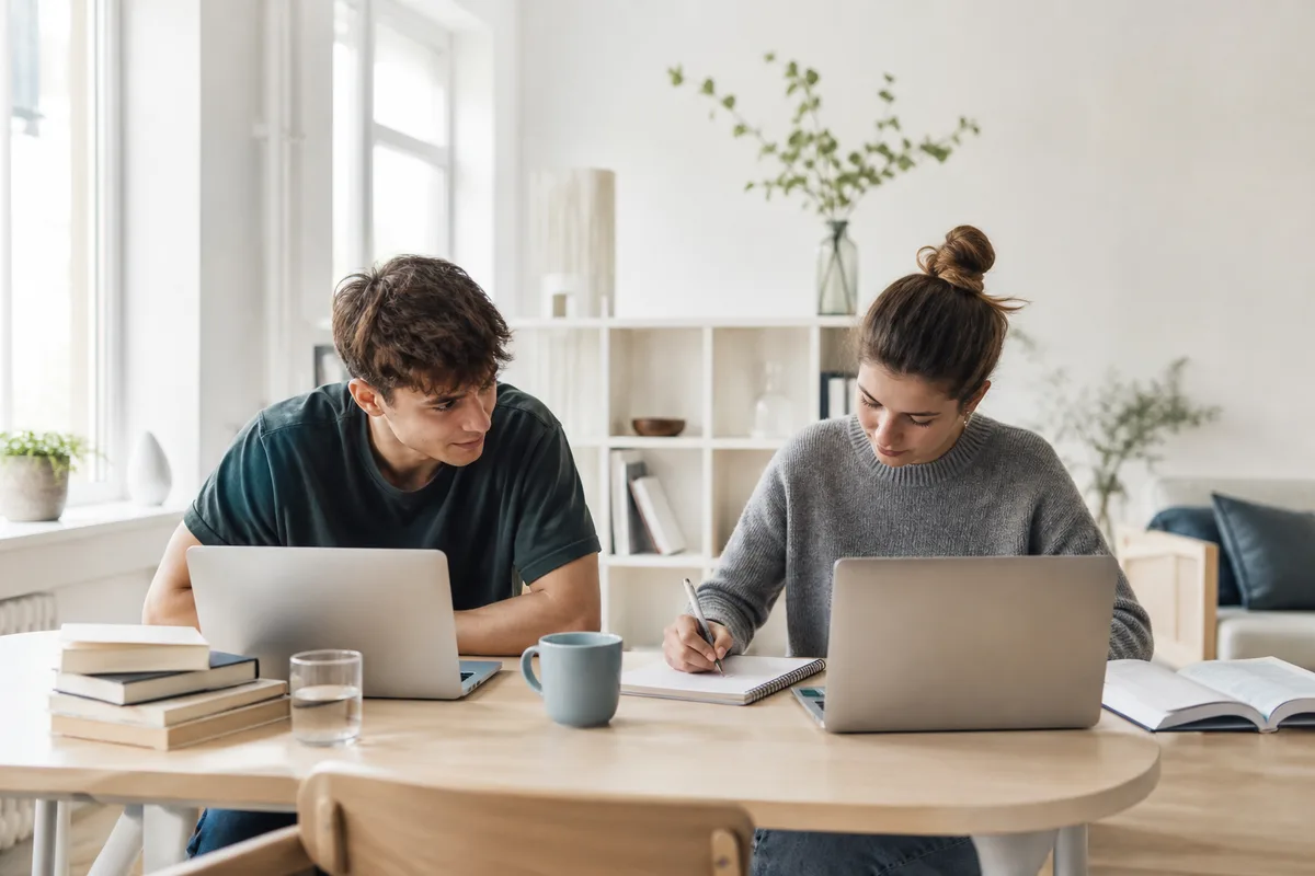 Två studenter som pluggar tillsammans vid ett bord med laptops och anteckningsblock